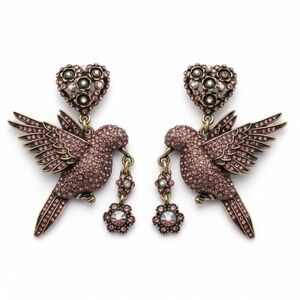 Gold and Pink Bird Herart Earrings